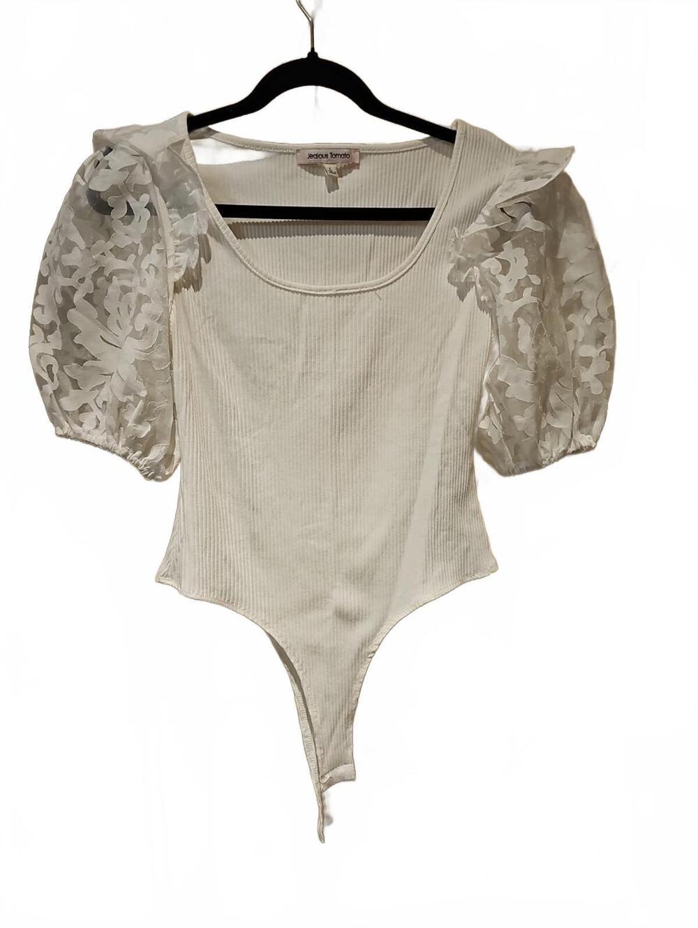 Flying Tomato Dressy Bodysuit - Size Large Ivory Puff Ruffle Sleeves Bridal Boho